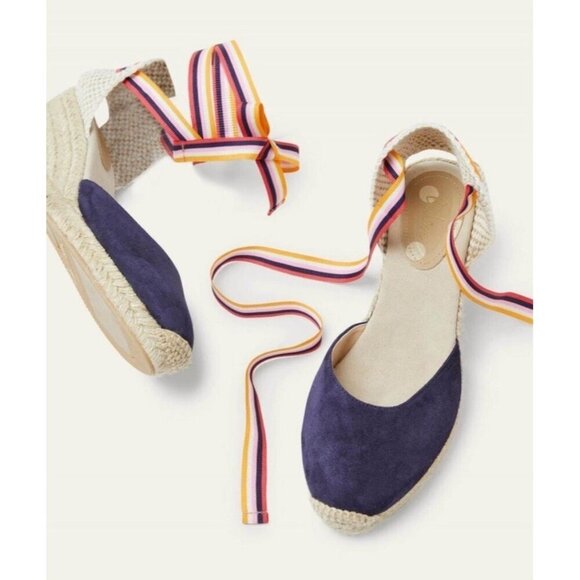 BODEN Cassie Navy Suede Wedge Espadrille Sandals Sz 38 Multistripe Ribbons Boho - Picture 1 of 10